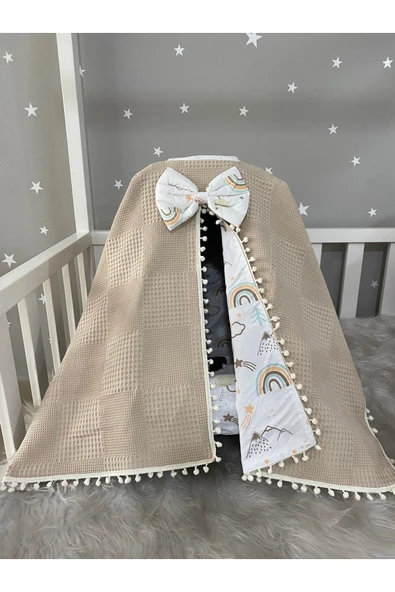 Jaju Baby Kahve Waffle Pike Ve Dağ Desen Tasarım Ponponlu Panço Model Puset Örtüsü Ve Çarşafı