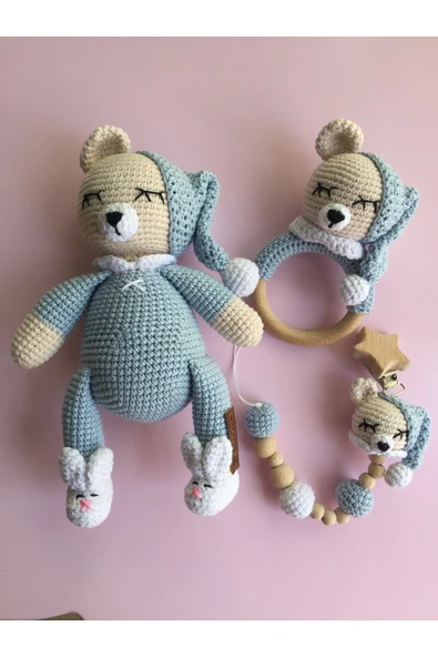 Jaju Baby Amigurumi Bebe Mavisi Uykucu Ayıcık 22 Cm Çıngırak Ve Emzik Zinciri Üçlü Set - 1