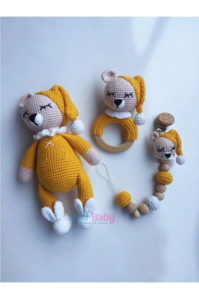 Jaju Baby Amigurumi Kırmızı Ayıcık 29 Cm Çıngırak Ve Emzik Zinciri Üçlü Set - 4
