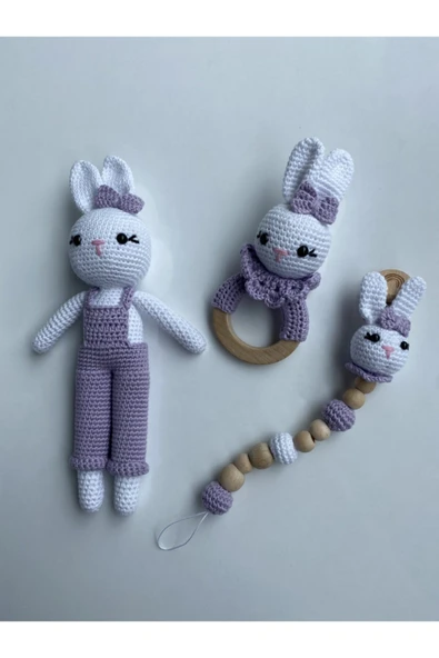 Jaju Baby Amigurumi Mor Tavşan 29 Cm Çıngırak Ve Emzik Zinciri Üçlü Set - 1