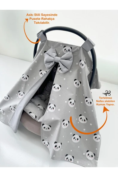 Jaju Baby Gri Panda Tasarım Puset Örtüsü Ve Puset Minderi 2'li Set - 2