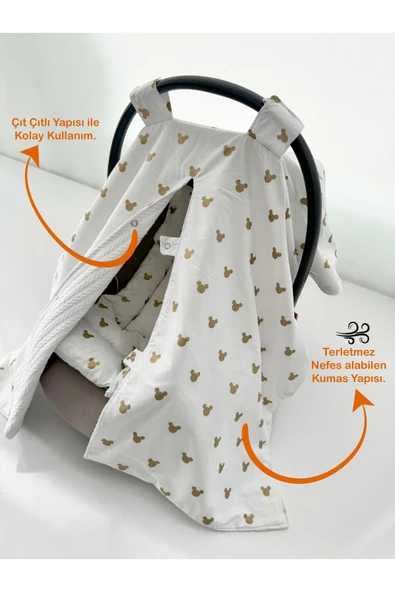 Jaju Baby Çift Taraflı Puset Örtüsü ve Puset Minderi Gold Micky Örgü Kumaş - 4