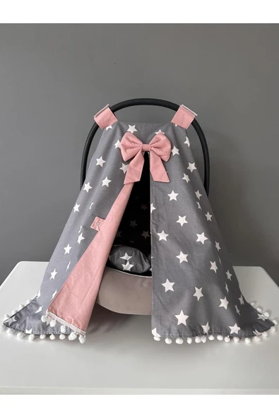 Jaju Baby Gri Yıldız Ponponlu Tasarım Puset Örtüsü ve Puset Minderi