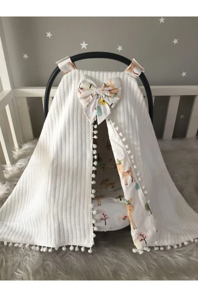 Jaju Baby Beyaz Örgü Ve Ceylan Tasarım Ponponlu Puset Örtüsü Ve Çarşafı
