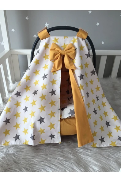 Jaju Baby Sarı Yıldız Desenli Puset Örtüsü Çarşafı Ve Puset Minderi 3 Lü Set - 2