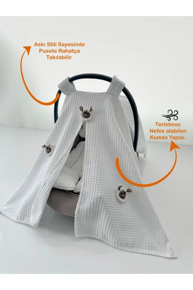 Jaju Baby Puset Örtüsü Ve Minderi Beyaz Waffle Kumaş Organik Kuzu Tasarım - 3