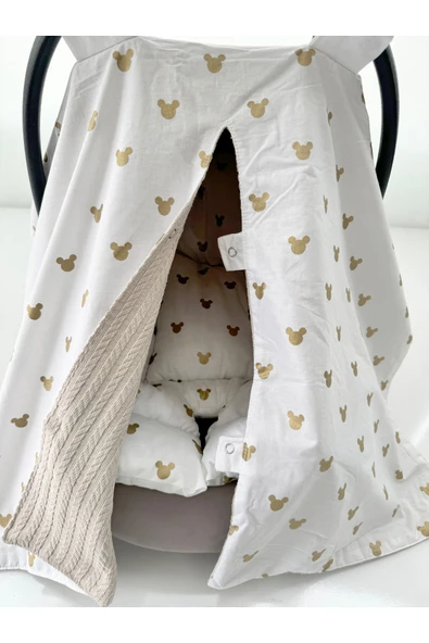 Jaju Baby Çift Taraflı Puset Örtüsü ve Puset Minderi Gold Micky Kahve Örgü Kumaş - 3