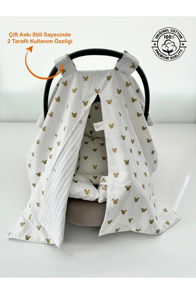 Jaju Baby Çift Taraflı Puset Örtüsü ve Puset Minderi Gold Micky Örgü Kumaş