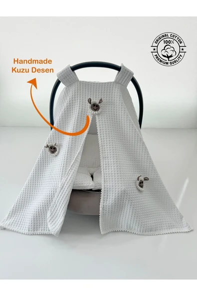 Jaju Baby Puset Örtüsü Ve Minderi Beyaz Waffle Kumaş Organik Kuzu Tasarım - 4