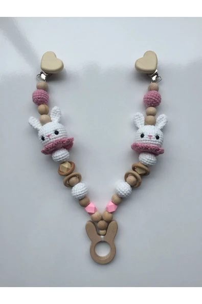 Jaju Baby Amigurumi Pembe Tavşan Detaylı Çift Emzik Zinciri - 1
