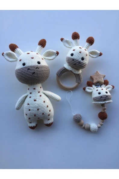 Jaju Baby Amigurumi Zürafa 23 Cm Çıngırak Ve Emzik Zinciri Üçlü Set - 1