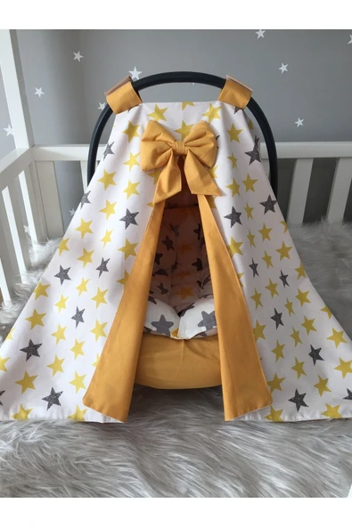 Jaju Baby Sarı Yıldız Desenli Puset Örtüsü Çarşafı Ve Puset Minderi 3 Lü Set