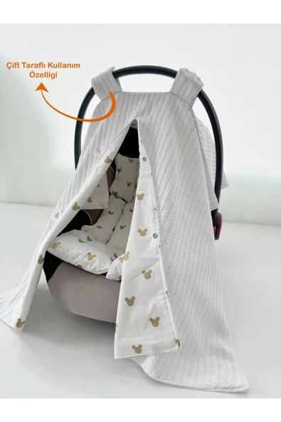 Jaju Baby Çift Taraflı Puset Örtüsü ve Puset Minderi Gold Micky Örgü Kumaş - 3