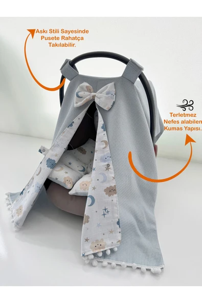 Jaju Baby Mavi Waffle Kumaş Organik Puset Örtüsü ve Minderi - 2