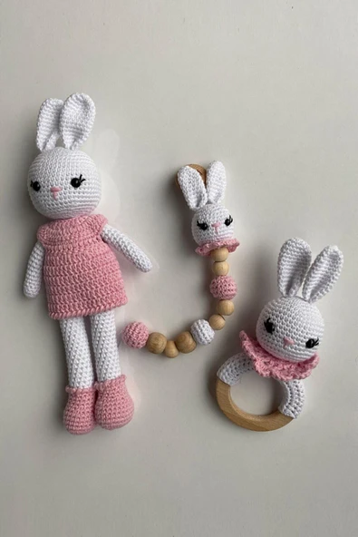 Jaju Baby Pembe Tavşan 29 Cm Çıngırak Ve Emzik Zinciri Üçlü Amigurumi Set - 1