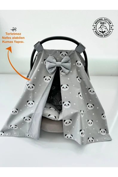 Jaju Baby Gri Panda Tasarım Puset Örtüsü Ve Puset Minderi 2'li Set