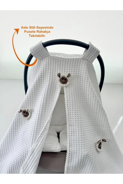 Jaju Baby Puset Örtüsü Ve Minderi Beyaz Waffle Kumaş Organik Kuzu Tasarım