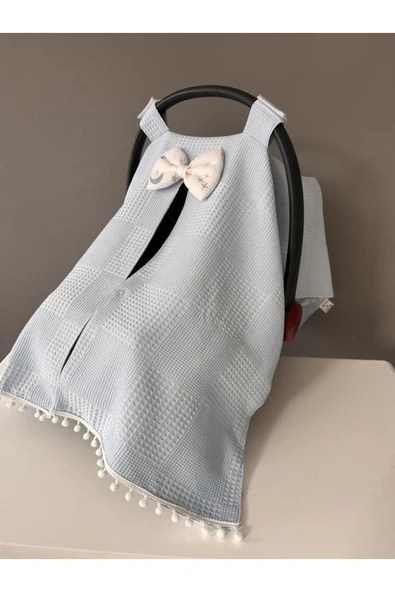 Jaju Baby Mavi Waffle Pike ve Müslin Tasarım Ponponlu Puset Örtüsü - 2