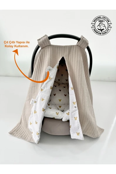 Jaju Baby Çift Taraflı Puset Örtüsü ve Puset Minderi Gold Micky Kahve Örgü Kumaş