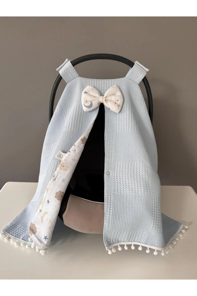 Jaju Baby Mavi Waffle Pike ve Müslin Tasarım Ponponlu Puset Örtüsü