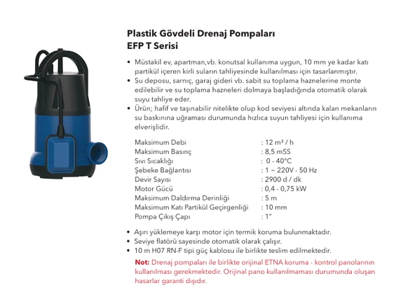EFP-040T Plastik Gövdeli Monofaze Dalgıç Drenaj Pompası ( Flatörlü ) - Resim 2