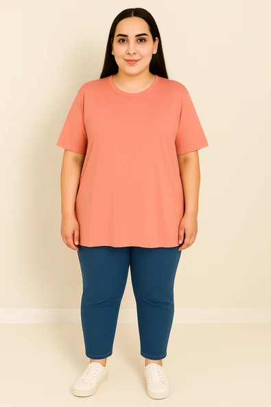 Kadın Büyük Beden Kısa Kollu Basic Oversize T-shirt 1976-25 - 12