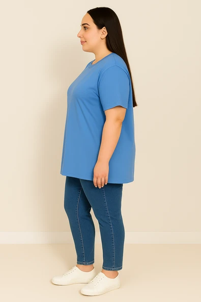 Kadın Büyük Beden Kısa Kollu Basic Oversize T-shirt 1976-25 - 4