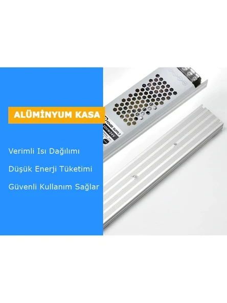 Çok Kaliteli  5 Amper (60W) Süper Slim 12V Trafo, Alüminyum Bal Peteği Gövde 12V, 60W Led Driver