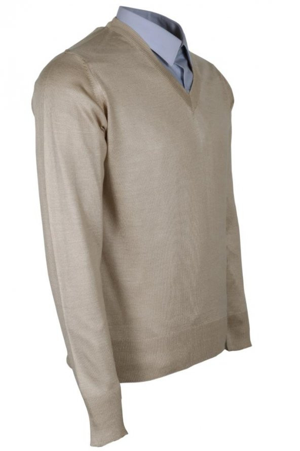 Erkek Yünlü Kazak V Yaka Normal Klasik Kesim Krem Renk RAR00815 - 2