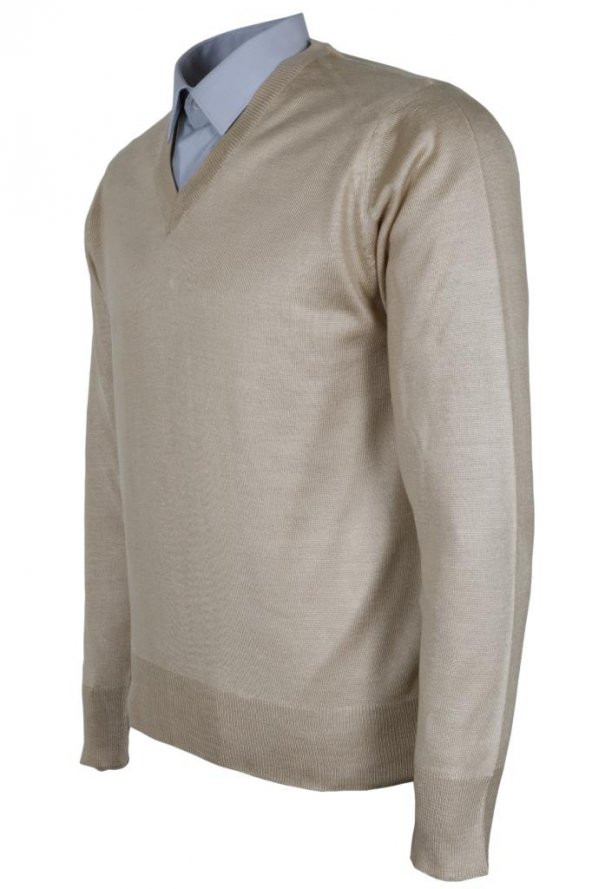 Erkek Yünlü Kazak V Yaka Normal Klasik Kesim Krem Renk RAR00815 - 3