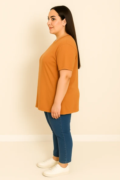 Kadın Büyük Beden Kısa Kollu Basic Oversize T-shirt 1976-25