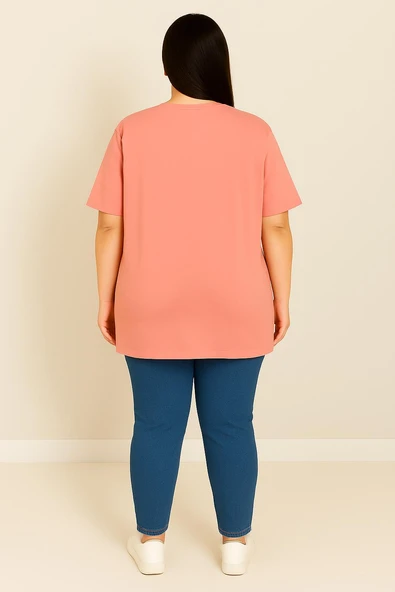 Kadın Büyük Beden Kısa Kollu Basic Oversize T-shirt 1976-25 - 12