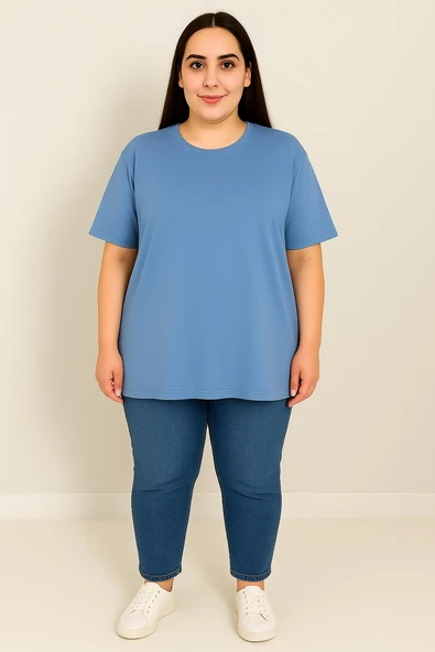 Kadın Büyük Beden Kısa Kollu Basic Oversize T-shirt 1976-25