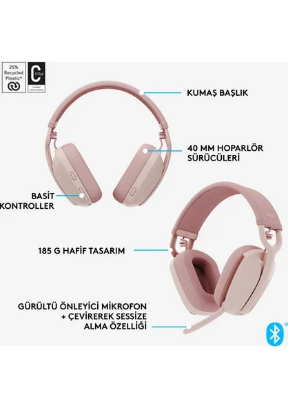 Logitech Zone Vibe 100 Bluetooth Çağrı Merkezi Kulaklığı Pembe - 7