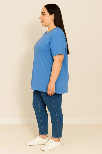 Kadın Büyük Beden Kısa Kollu Basic Oversize T-shirt 1976-25 - 3