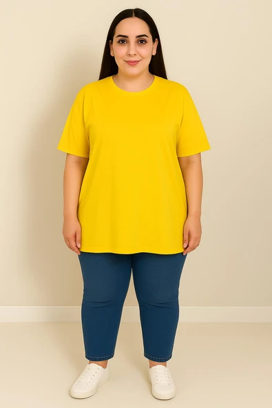Kadın Büyük Beden Kısa Kollu Basic Oversize T-shirt 1976-25 - 5