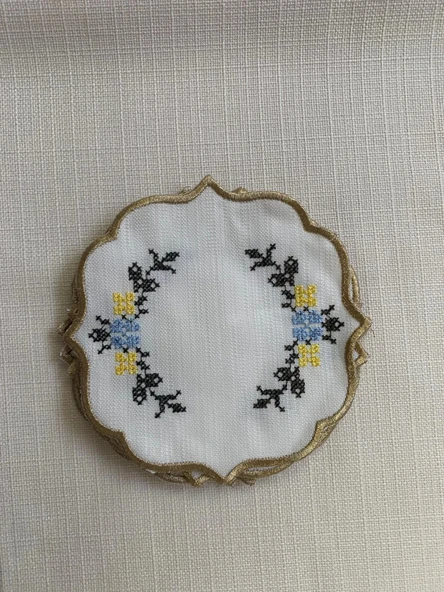 NİVEMESHOME KANAVİÇE NAKIŞLI SARI-MAVİ OVAL (6 ADET) KETEN KOKTEYL PEÇETESİ KAHVE YANI SUNUMLUK - 4