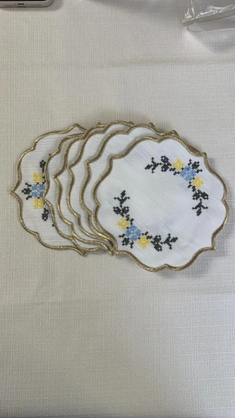 NİVEMESHOME KANAVİÇE NAKIŞLI SARI-MAVİ OVAL (6 ADET) KETEN KOKTEYL PEÇETESİ KAHVE YANI SUNUMLUK - 3