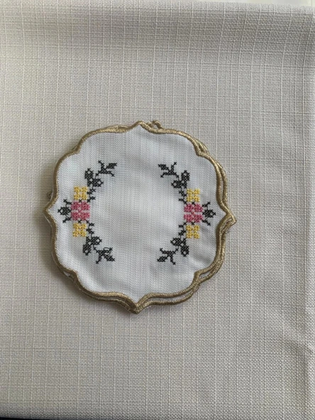 NİVEMESHOME KANAVİÇE NAKIŞLI SARI-PEMBE OVAL (6 ADET) KETEN KOKTEYL PEÇETESİ KAHVE YANI SUNUMLUK - 2