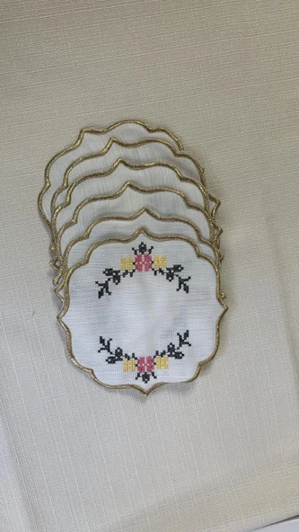 NİVEMESHOME KANAVİÇE NAKIŞLI SARI-PEMBE OVAL (6 ADET) KETEN KOKTEYL PEÇETESİ KAHVE YANI SUNUMLUK - 3