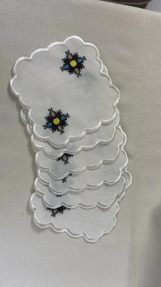 NİVEMESHOME KANAVİÇE NAKIŞLI KARE (6 ADET) KETEN KOKTEYL PEÇETESİ KAHVE YANI SUNUMLUK - 3