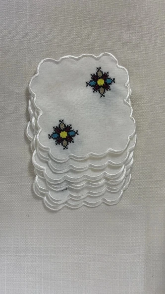 NİVEMESHOME KANAVİÇE NAKIŞLI KARE (6 ADET) KETEN KOKTEYL PEÇETESİ KAHVE YANI SUNUMLUK - 2