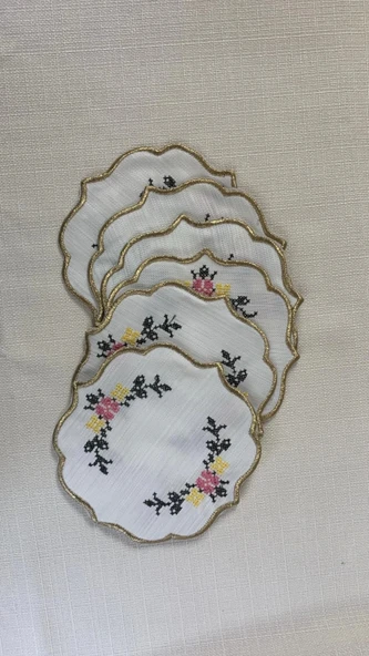 NİVEMESHOME KANAVİÇE NAKIŞLI SARI-PEMBE OVAL (6 ADET) KETEN KOKTEYL PEÇETESİ KAHVE YANI SUNUMLUK - 4