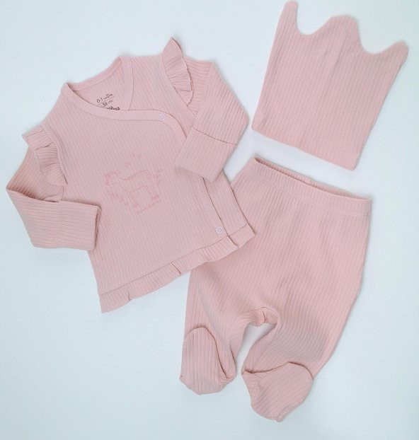 Fitilli Kumaş Pembe 3lü Kız Bebek Zıbın Set