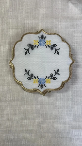 NİVEMESHOME KANAVİÇE NAKIŞLI SARI-MAVİ OVAL (6 ADET) KETEN KOKTEYL PEÇETESİ KAHVE YANI SUNUMLUK - 2