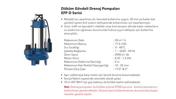 ETNA EFP-025D (ETN - 250D): Döküm Gövdeli, Flatörlü Atık Su ve Foseptik Dalgıç Pompa - Resim 2
