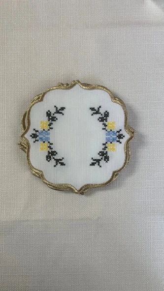 NİVEMESHOME KANAVİÇE NAKIŞLI SARI-MAVİ OVAL (6 ADET) KETEN KOKTEYL PEÇETESİ KAHVE YANI SUNUMLUK - 5