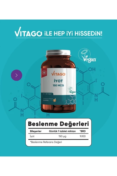 VİTAGO-Premium Iyot 150 Mcg Içeren Tablet Takviye Edici Gıda 120 Tablet - Resim 3