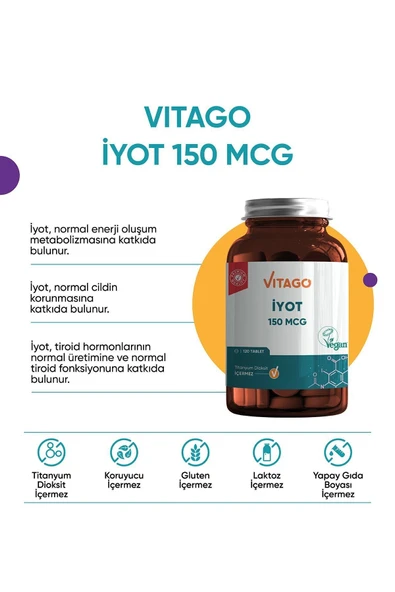 VİTAGO-Premium Iyot 150 Mcg Içeren Tablet Takviye Edici Gıda 120 Tablet - Resim 2