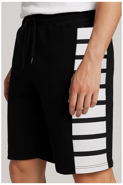 Erkek Siyah Beyaz Çizgili Spor Bermuda Şort - 2